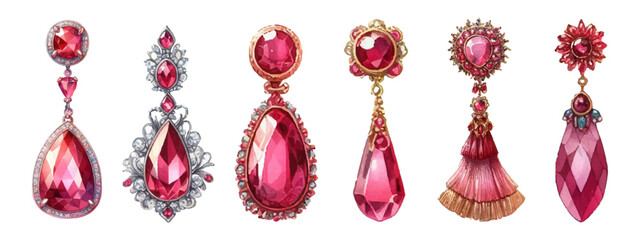 ルビーのイヤリングの水彩イラストの素材セット