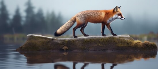 a fox is walking on the river bank