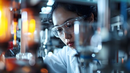 A focused female scientist examining an experiment in a high-tech laboratory setting.