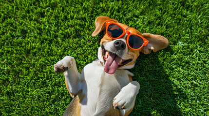 happy beagle dog lying on its back on a grassy surface, wearing a pair of sunglasses adorable - obrazy, fototapety, plakaty