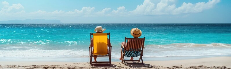 Elderly couple sitting on beach. Travel background. Banner