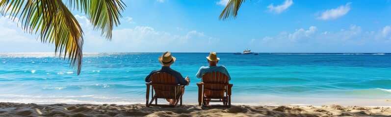 Fototapeta na wymiar Elderly couple sitting on the beach. Travel banner