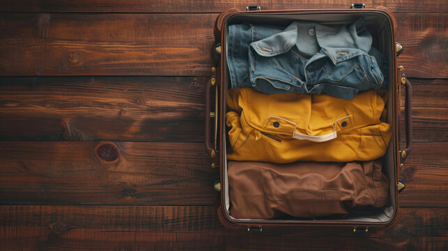 Flat lay of packed clothes luggage for summer holiday vacation