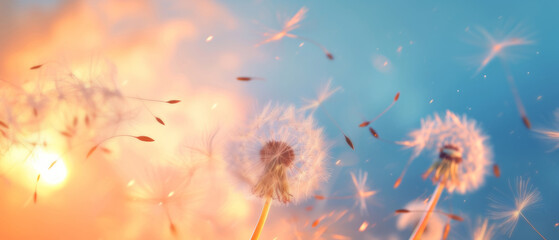 Obraz premium The ethereal beauty of a Danish clock dispersing seed in the field wallpaper summer floats through the wind in the sky