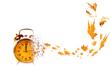 autumn time start clock breaking in piecies autumn leaves isolated in white background psychology - 3d rendering - Powered by Adobe