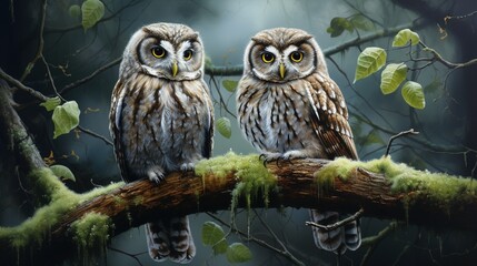 Two inquisitive owls perched on a branch, their wide eyes and feathered tufts giving them an air of wisdom and mystery.