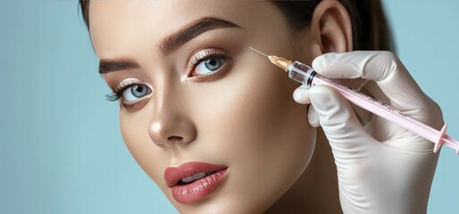 Beauty specialist injects neurotoxin or dermal filler in crows feet or upper eyelid - obrazy, fototapety, plakaty
