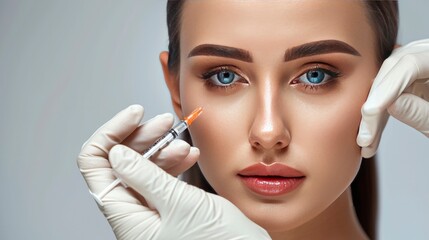 Beauty specialist injects neurotoxin or dermal filler in crows feet or upper eyelid - obrazy, fototapety, plakaty