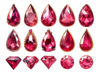 ルビーのビジューの水彩イラストの素材セット