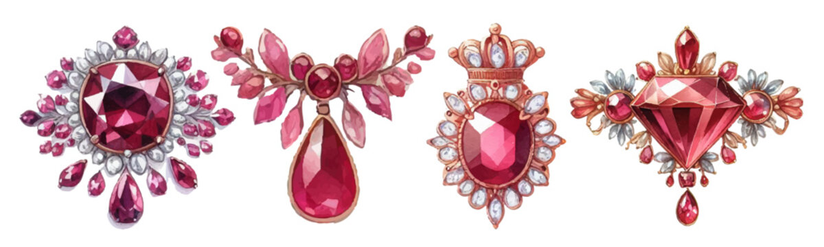 ルビーのブローチの水彩イラストの素材セット