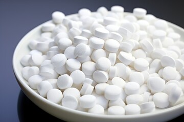 Fototapeta na wymiar A pile of white pills on a white plate,