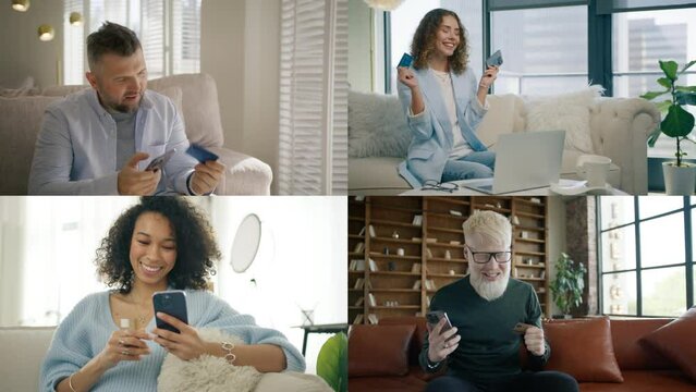 Collage of millennial satisfied shoppers enter credit card data on smartphone mobile bank app. Handsome guys make payment via on-line web store on phone. Young women spending money in e-shopping home