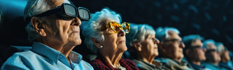 Elderly people in a movie theater. Banner - obrazy, fototapety, plakaty