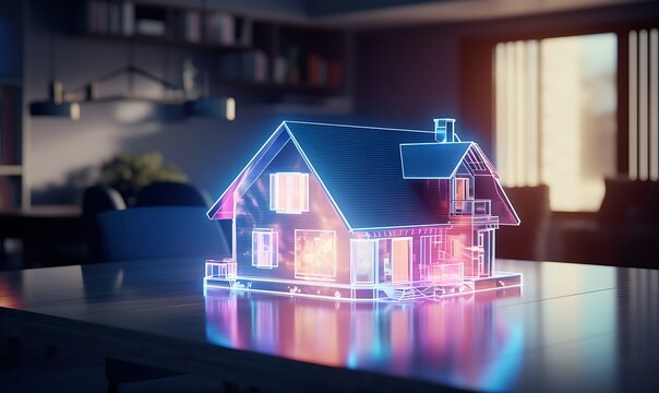 Holo concept 3d render of small residential house model on table in real estate agency. . futuristic business. blurry background. Generative Ai
