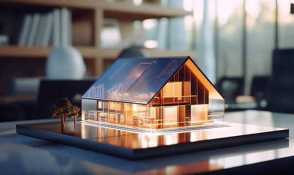 Holo concept 3d render of small residential house model on table in real estate agency. . futuristic business. blurry background. Generative Ai
