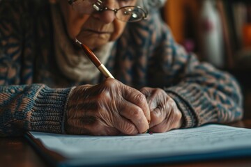Hands of a elderly woman in the room, writing, signing - obrazy, fototapety, plakaty