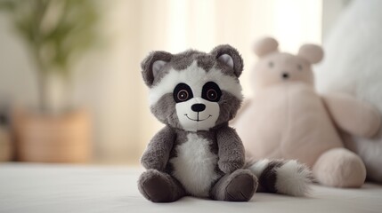 Cute raccoon plush toy, closeup.