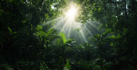 sun rays through the forest, lunapark motion collective south america jungle with overcast