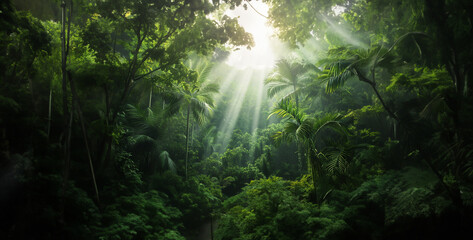 sunlight in the forest, lunapark motion collective south america jungle with overcast - obrazy, fototapety, plakaty