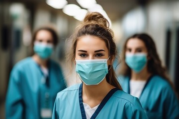 Fototapeta na wymiar Three female nurses wearing surgical masks in a hospital hallway
