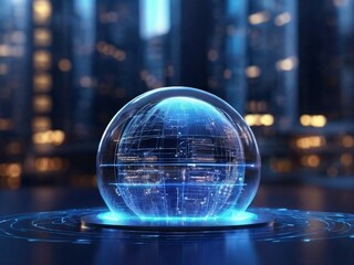 Technology concept database with digital blue wavy optical fiber wires with a globe with a blurry building on the background