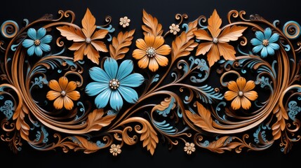ornate floral and foliage illustration on dark background. exotic botanical artwork for elegant wallpaper and textile design