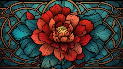 vibrant stained glass floral design with red blooms and blue hues. artistic illustration for elegant home decor and creative backgrounds