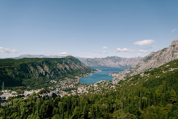 Fototapeta na wymiar View from Mount Lovcen to the Bay of Kotor surrounded by a mountain range. Montenegro