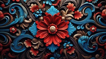 opulent carved floral artwork in bold red and serene blue tones. ideal for high-end fashion prints, creative stationery, and luxury branding