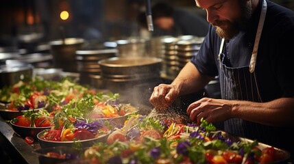 Obraz premium Chef carefully sprinkling spices over a salad