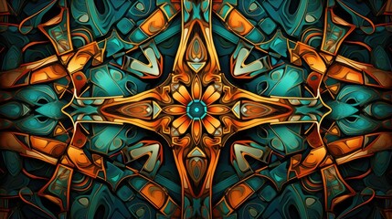 intricate stained glass mosaic art with vibrant turquoise and amber tones. high-resolution image for backgrounds, wallpaper, and creative graphics