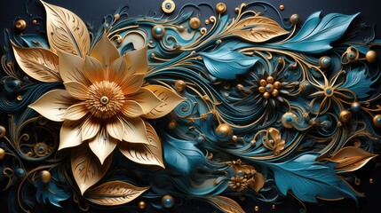 opulent blue and gold floral design. intricate and luxurious botanical art for sophisticated graphic resources and premium creative assets