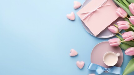 Obraz na płótnie Canvas Celebrate Mother's Day with a Stunning Top View Photo: Blue Gift Boxes, Pink Tulip Bouquet, and Heart-shaped Saucer on Pastel Pink Background - Isolated Concept