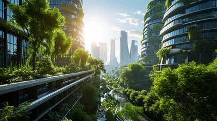 Foto auf Acrylglas Antireflex Flourishing sustainable city focusing on green energy solutions, AI Generated © Shining Pro