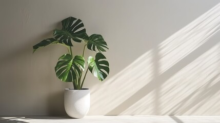 Monster flower in a large white pot against the wall, illuminated by the sun. High quality photo. Shadows from the window on the wall. Flowers and plants for the home. Monstera.