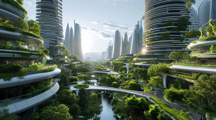 Obraz premium Flourishing sustainable city focusing on green energy solutions, AI Generated