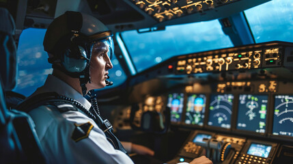Pilot in airplane cockpit representing aviation jobs, AI Generated - obrazy, fototapety, plakaty