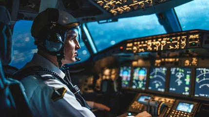 Tableaux ronds sur aluminium brossé Avion Pilot in airplane cockpit representing aviation jobs, AI Generated