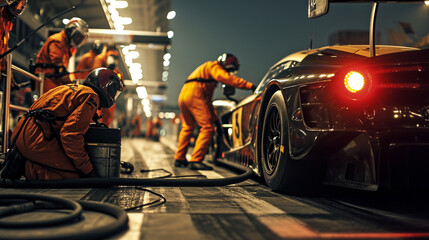 Race car pit crew in action highlighting automotive industry, AI Generated - obrazy, fototapety, plakaty
