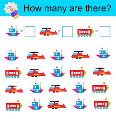 Math activity for kids. Developing numeracy skills. Cartoon helicopter, locomotive, ship.
