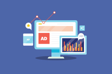 Advertising analytics visual data on dashboard, business report and marketing performance monitoring, financial investment and conversion conceptual, vector illustration.