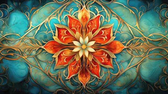 fiery orange blossom centerpiece surrounded by cool blue abstract patterns. luxurious floral art for wallpapers, fabrics, and high-end graphic assets