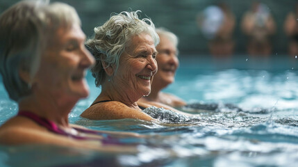 Camaraderie and joy among senior women in aqua fit class, AI Generated - Powered by Adobe