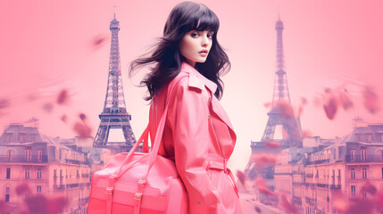 Double exposure photography of Asian female shopper with long black hair wearing a pink dress and pink expensive bag with the city of Paris. On a pink background.