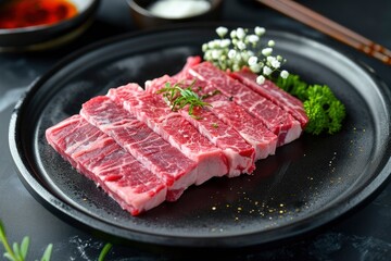 A black plate with beef cuts that have been sliced