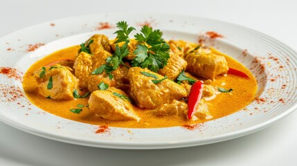 a plate of chicken curry isolated on white background