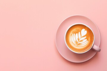 cup of coffee with lattee art in peach fuzz color on the pastel peach background center composition flat lay - obrazy, fototapety, plakaty