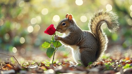A cute squirrel carrying a red rose for his lover. Valentine's Day. - obrazy, fototapety, plakaty