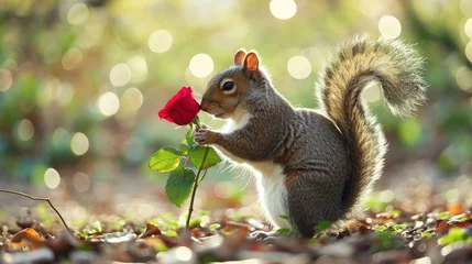 Fotobehang A cute squirrel carrying a red rose for his lover. Valentine's Day. © People