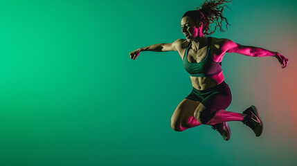 Fototapeta na wymiar Energetic fitness instructor in mid-jump, vivid green background, AI Generated